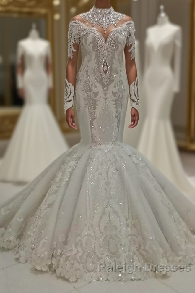 Luxurious Sparkle Beaded High neck Fit and Flare Mermaid Wedding Dresses Main image