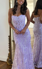 Luxurious Strapless Sheer Lace Applique Long Formal Prom Dress Birthday Outfit
