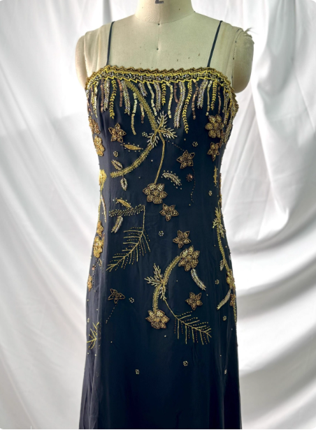 Luxurious Vintage Black Thin Strap Gold Beaded Embroidery Chiffon Long Formal Prom Dress Secondary image