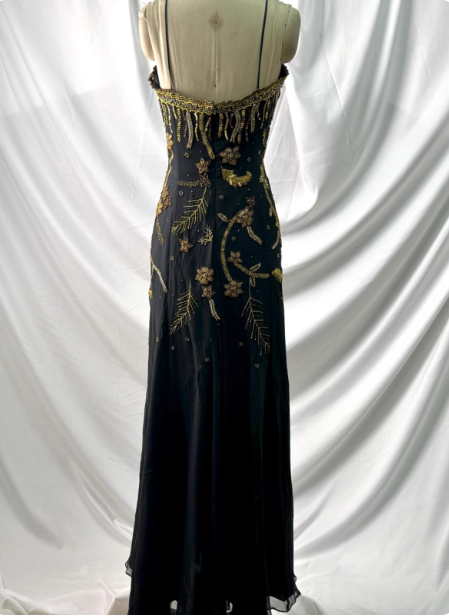Luxurious Vintage Black Thin Strap Gold Beaded Embroidery Chiffon Long Formal Prom Dress