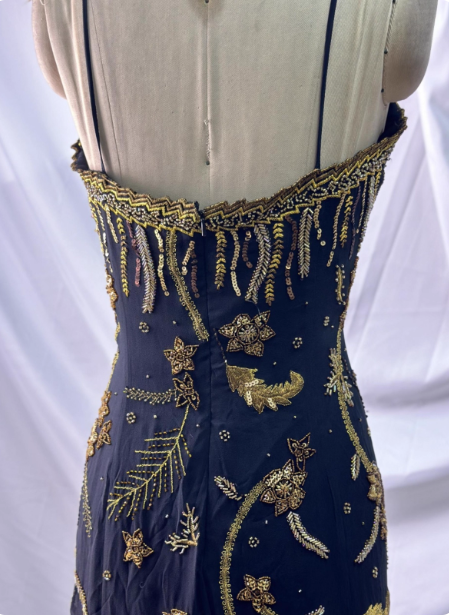 Luxurious Vintage Black Thin Strap Gold Beaded Embroidery Chiffon Long Formal Prom Dress