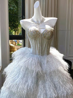 Luxurious White Strapless Feather Floor-Length Ball Gown Wedding Dress