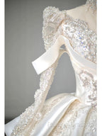 Luxury Ball Gowns High Neckline Long Sleeves Sequin White Wedding Dresses Brides Dress