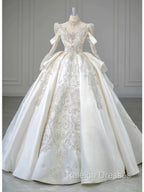 Luxury Ball Gown High Neckline Long Sleeves Sequin White Wedding Dresses Brides Dress