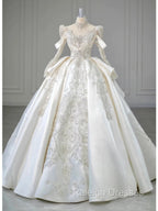 Luxury Ball Gowns High Neckline Long Sleeves Sequin White Wedding Dresses Brides Dress
