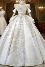 Luxury Ball Gown High Neckline Long Sleeves Sequin White Wedding Dresses Brides Dress