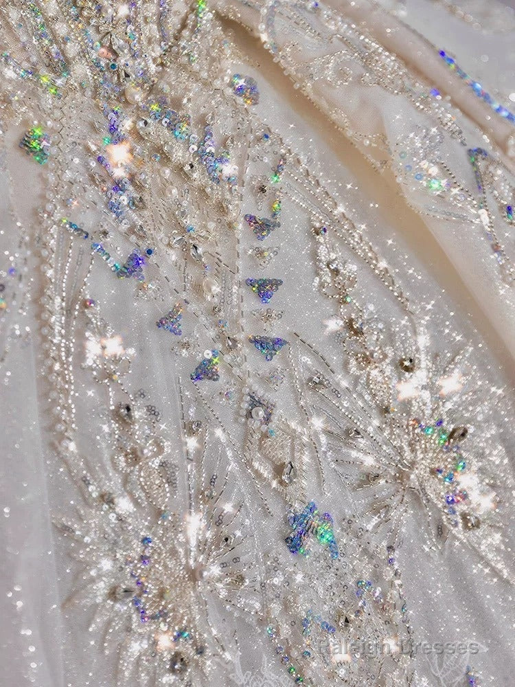 Luxury Ball Gown Off The Shoulder Short Sleeves Sequin White Wedding Dresses Brides Dress