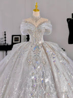 Luxury Ball Gown Off The Shoulder Short Sleeves Sequin White Wedding Dresses Brides Dress