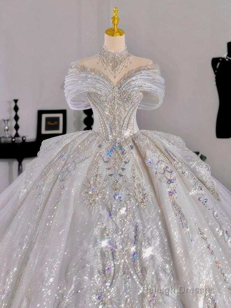 Luxury Ball Gown Off The Shoulder Short Sleeves Sequin White Wedding Dresses Brides Dress