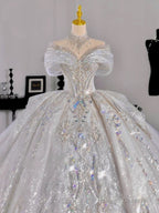 Luxury Ball Gowns Off The Shoulder Short Sleeves Sequin White Wedding Dress Brides Dresses