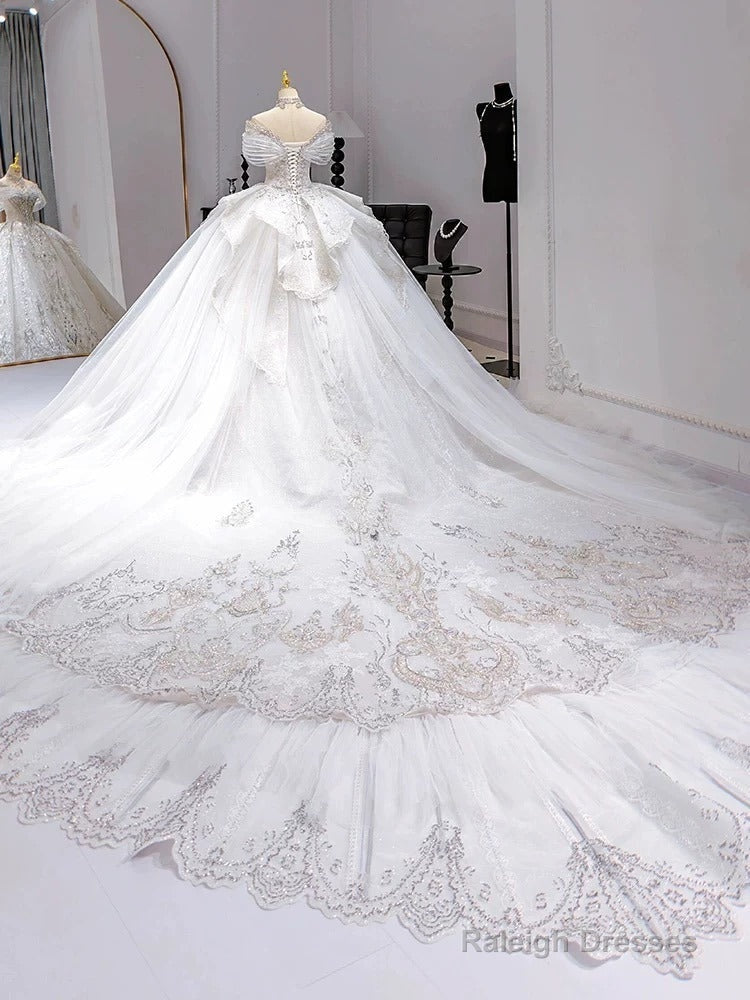 Luxury Ball Gown Off The Shoulder Short Sleeves Sequin White Wedding Dresses Brides Dress