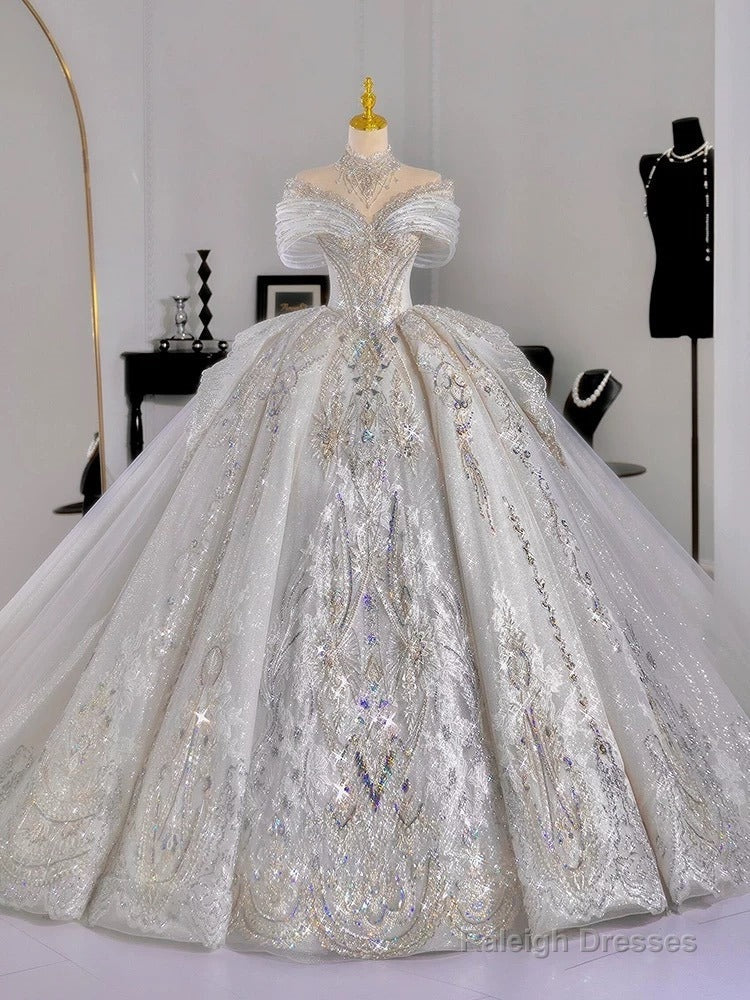 Luxury Ball Gowns Off The Shoulder Short Sleeves Sequin White Wedding Dress Brides Dresses