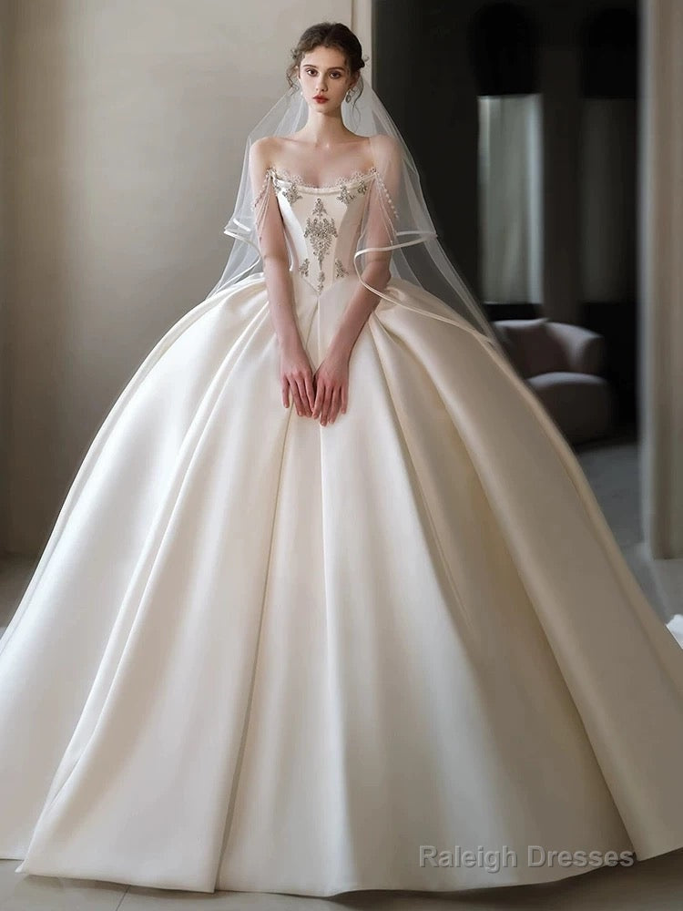 Luxury Ball Gowns Strapless Sleeveless Satin White Wedding Dress Brides Dresses