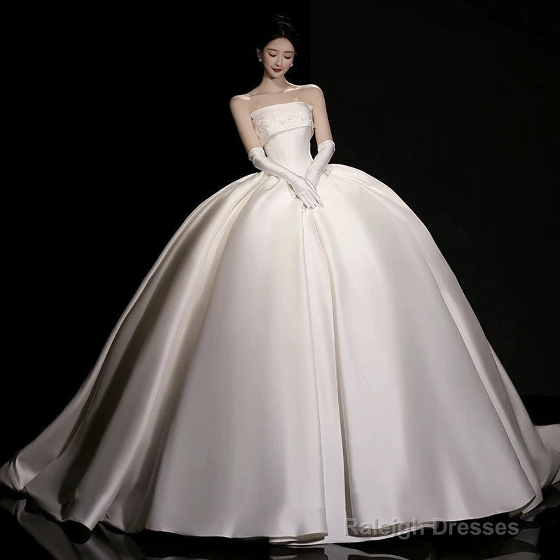Luxury Ball Gowns Strapless Sleeveless Satin White Wedding Dress Brides Dresses