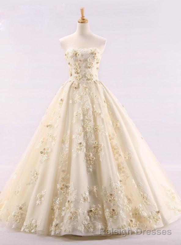 Luxury Ball Gown Strapless Tulle Appliques Wedding Dress