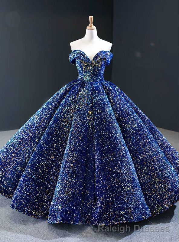 Luxury Blue Sequins Off the Shoulder Sleeveless Long Prom Dress