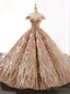 Luxury Champagne Gold Sequins Ball Gown Off The Shoulder Prom Dress