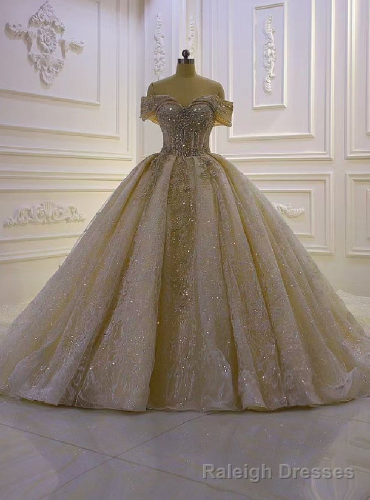 Luxury Champagne Tulle Sequins Off the Shoulder Beading Wedding Dress Main image