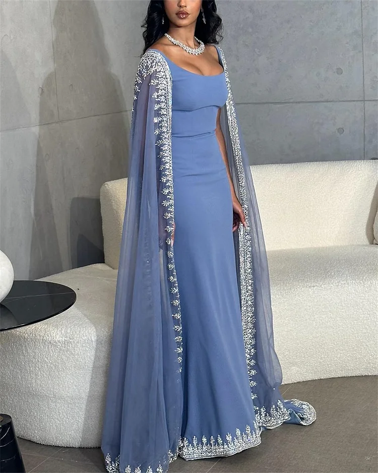 Vintage Dusty Blue Mermaid Prom Dresses Applique Beaded Prom Dresses Unique Cape Design Long Prom Dresses