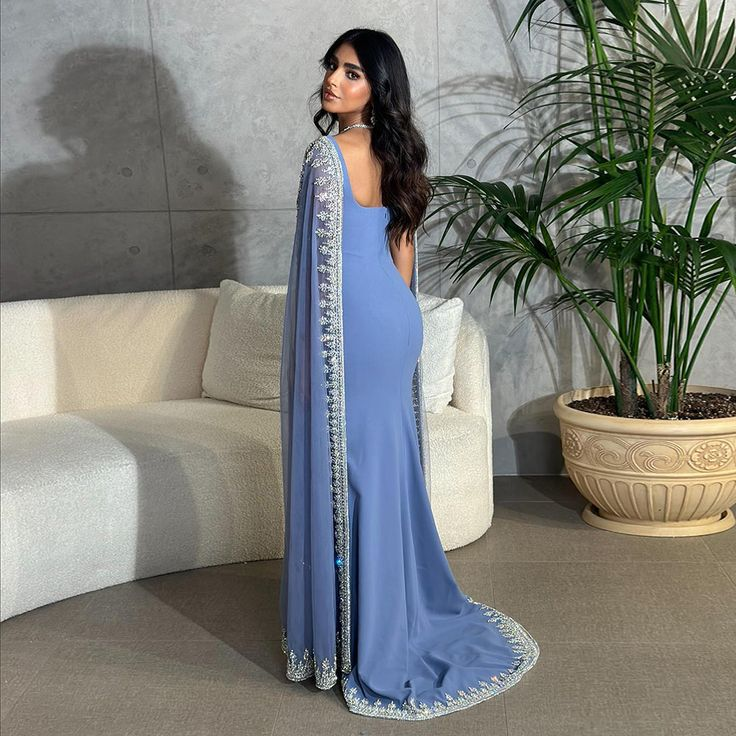 Vintage Dusty Blue Mermaid Prom Dresses Applique Beaded Prom Dresses Unique Cape Design Long Prom Dresses