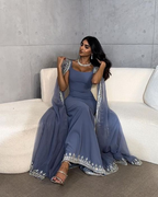 Vintage Dusty Blue Mermaid Prom Dresses Applique Beaded Prom Dresses Unique Cape Design Long Prom Dresses