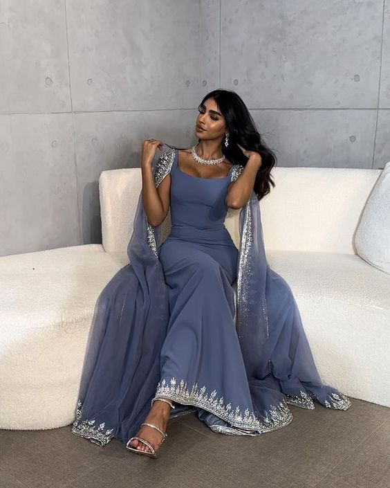 Vintage Dusty Blue Mermaid Prom Dresses Applique Beaded Prom Dresses Unique Cape Design Long Prom Dresses