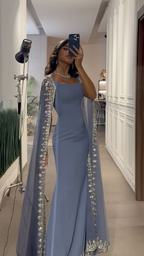 Vintage Dusty Blue Mermaid Prom Dresses Applique Beaded Prom Dresses Unique Cape Design Long Prom Dresses