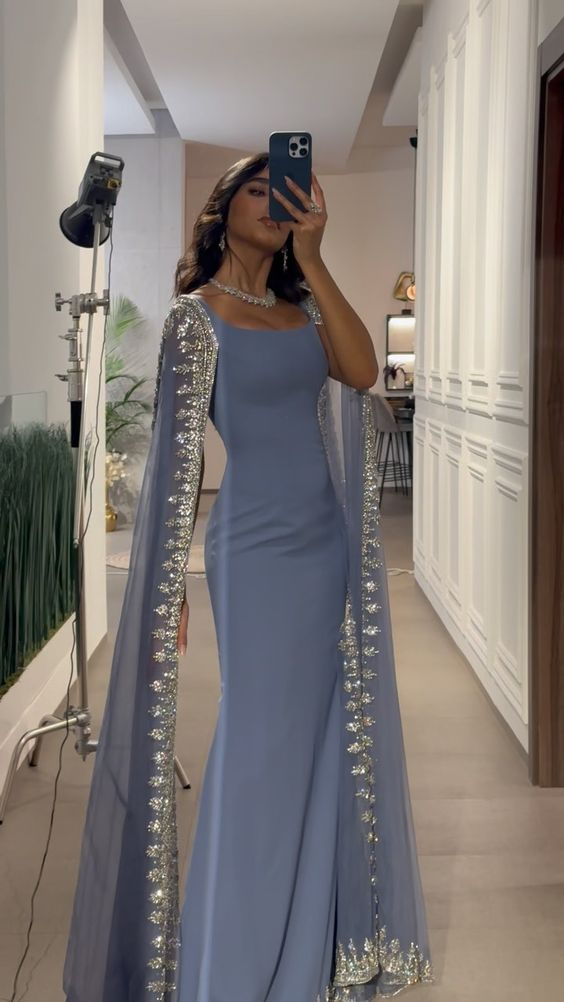 Vintage Dusty Blue Mermaid Prom Dresses Applique Beaded Prom Dresses Unique Cape Design Long Prom Dresses