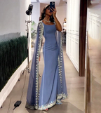 Vintage Dusty Blue Mermaid Prom Dresses Applique Beaded Prom Dresses Unique Cape Design Long Prom Dresses