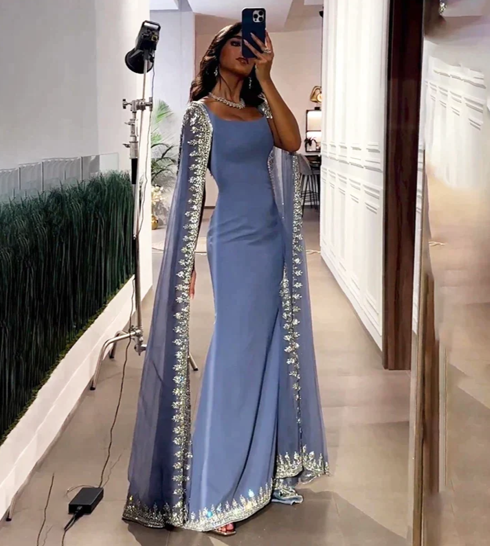 Vintage Dusty Blue Mermaid Prom Dresses Applique Beaded Prom Dresses Unique Cape Design Long Prom Dresses
