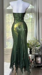 Luxury Dark Green Mermaid Bead Embroidered Chiffon Long Formal Prom Dress