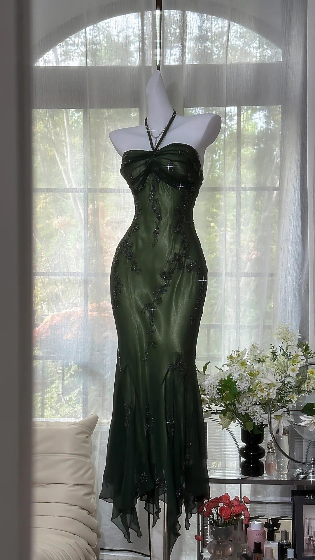 Luxury Dark Green Mermaid Bead Embroidered Chiffon Long Formal Prom Dress