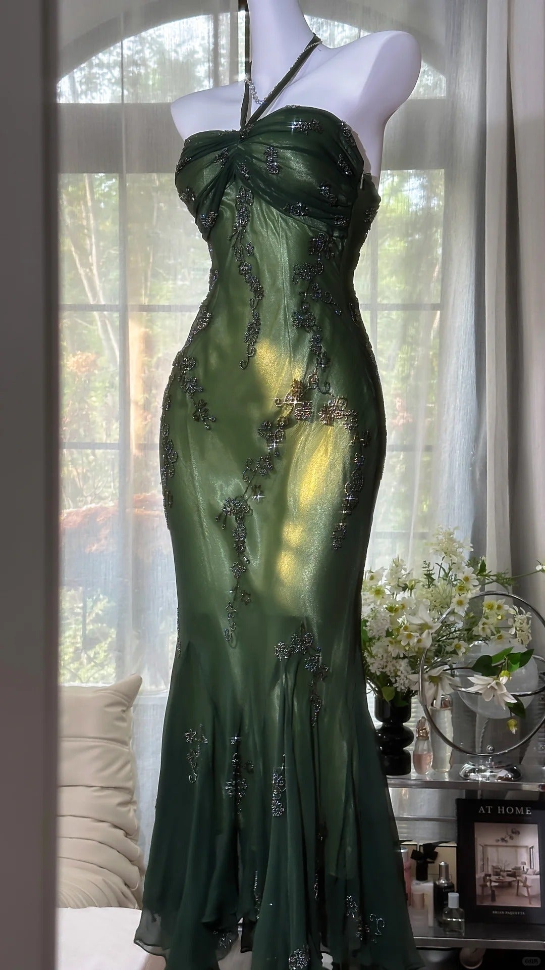 Luxury Dark Green Mermaid Bead Embroidered Chiffon Long Formal Prom Dress Main image