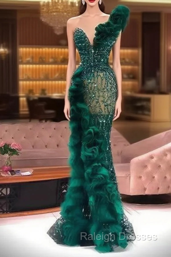 Luxury Prom Dresses Fashion Design Side Split Ruffles Tulle Mermaid Prom Dress Glitter Sequins Beads Custom Made Chic Formal