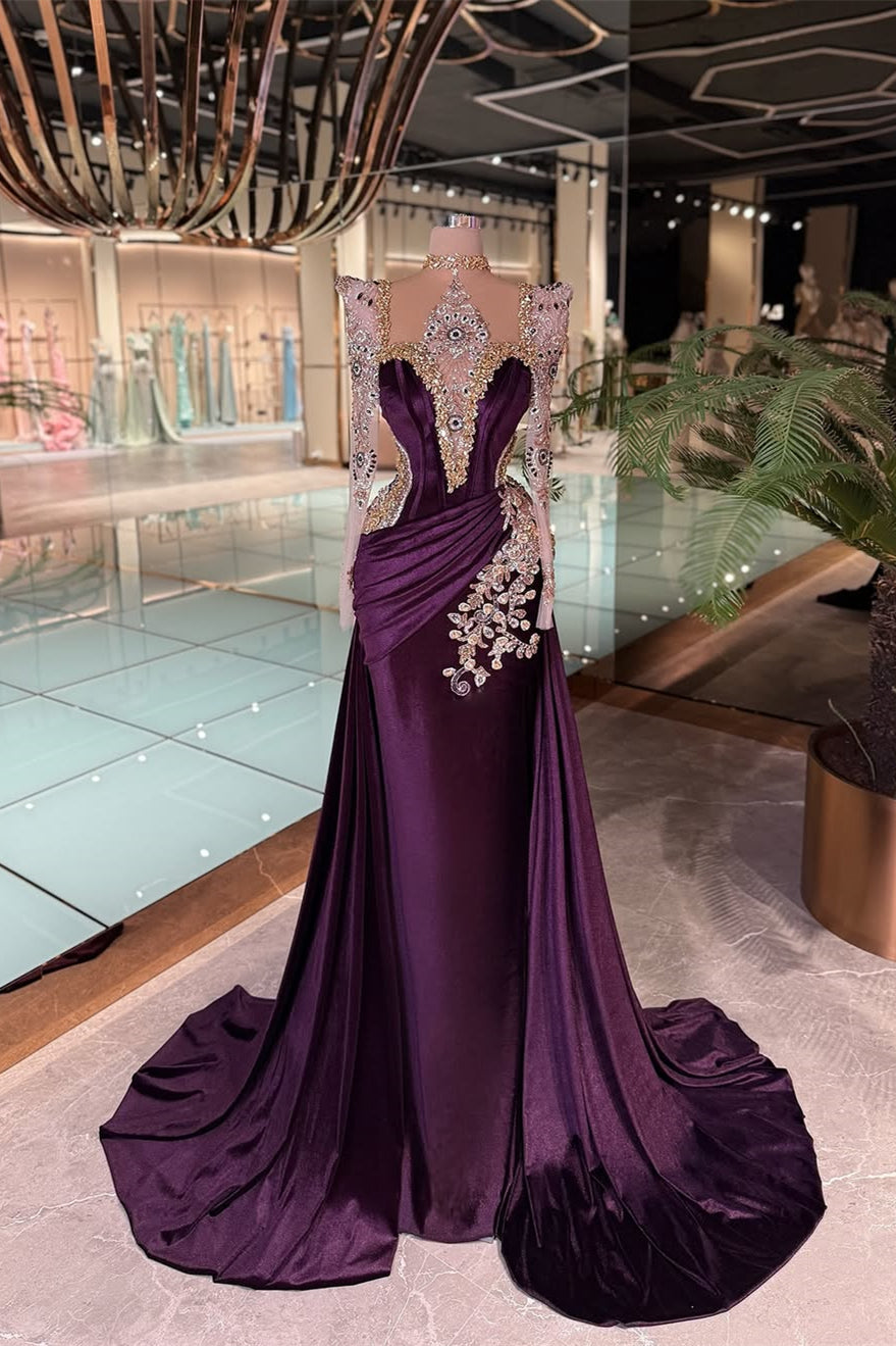 Luxury Grape Halter Long Sleeves Mermaid Prom Dresses Column Gem With Pleats Main image