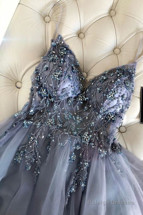 Luxury Grey Beading Prom Dresses, Sexy Spaghetti Straps Prom Gowns, Fashion Prom Dresses Main image