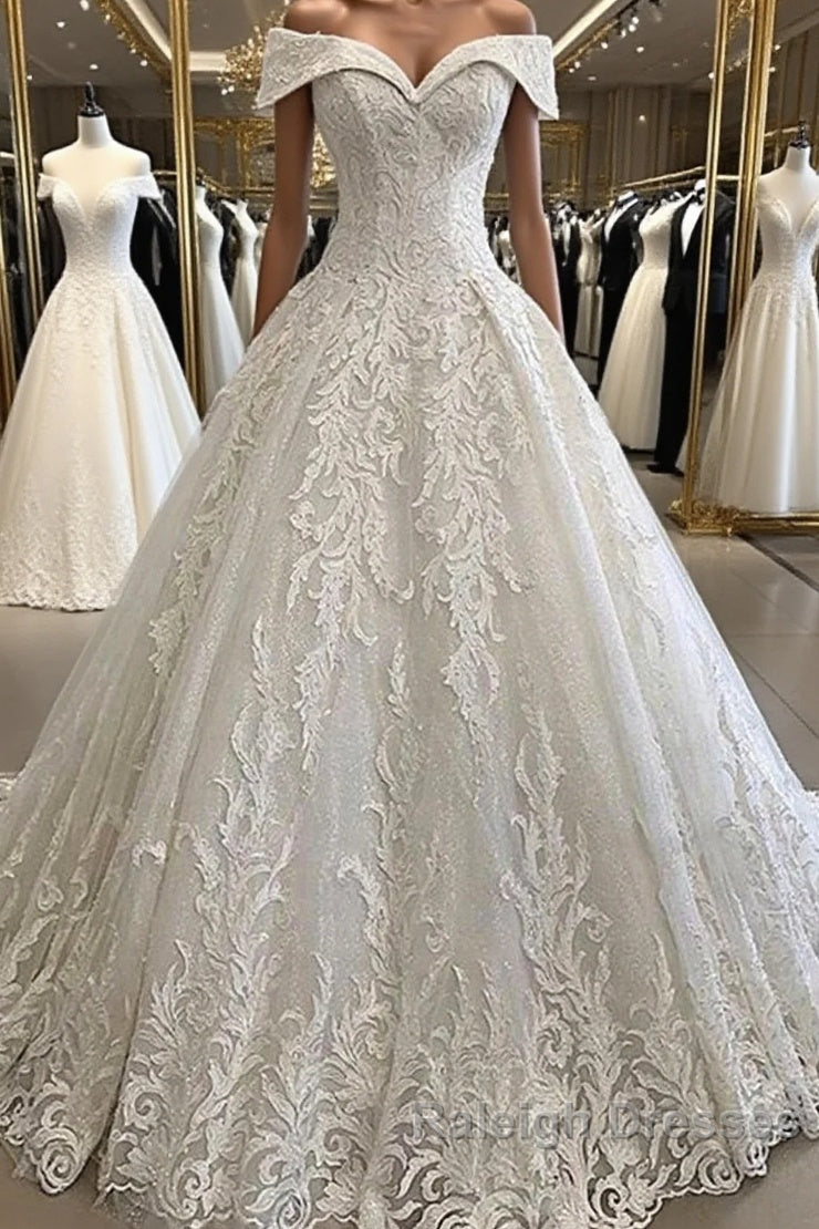 Luxury Long A Line Off the Shoulder Applique Lace Wedding Dresses Main image