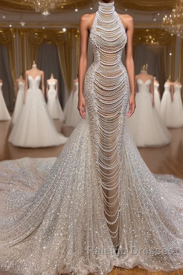 Luxury Long Mermaid Halter Beading Sleeveless Wedding Dress With Pearls Main image