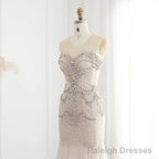 Luxury Mermaid Crystal Pearls Nude Tulle Long Prom Dress