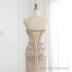 Luxury Mermaid Crystal Pearls Nude Tulle Long Prom Dress