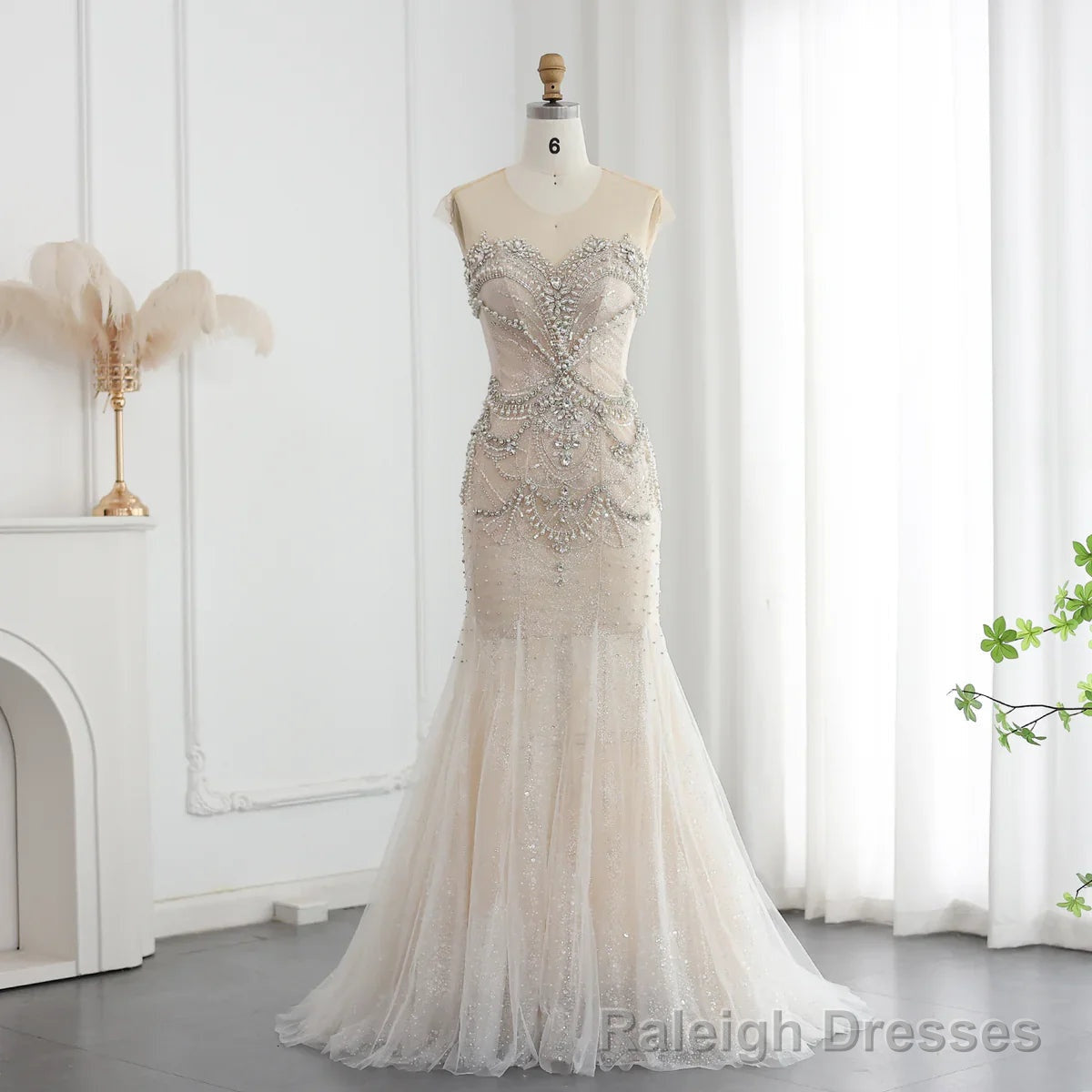 Luxury Mermaid Crystal Pearls Nude Tulle Long Prom Dress Main image