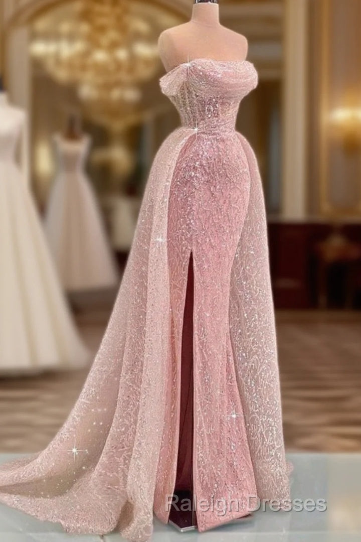 Luxury Mermaid Pink Floor Length Sleeveless Sequin Prom Dresses Main image