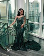 Luxury One Shoulder Satin Beaded Prom Dresses Emerald Green Mermaid Prom Dresses