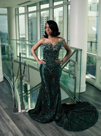 Luxury One Shoulder Satin Beaded Prom Dresses Emerald Green Mermaid Prom Dresses