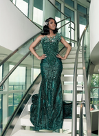 Luxury One Shoulder Satin Beaded Prom Dresses Emerald Green Mermaid Prom Dresses