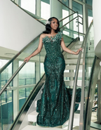 Luxury One Shoulder Satin Beaded Prom Dresses Emerald Green Mermaid Prom Dresses