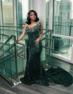 Luxury One Shoulder Satin Beaded Prom Dresses Emerald Green Mermaid Prom Dresses