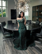 Luxury One Shoulder Satin Beaded Prom Dresses Emerald Green Mermaid Prom Dresses