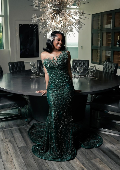 Luxury One Shoulder Satin Beaded Prom Dresses Emerald Green Mermaid Prom Dresses Main image