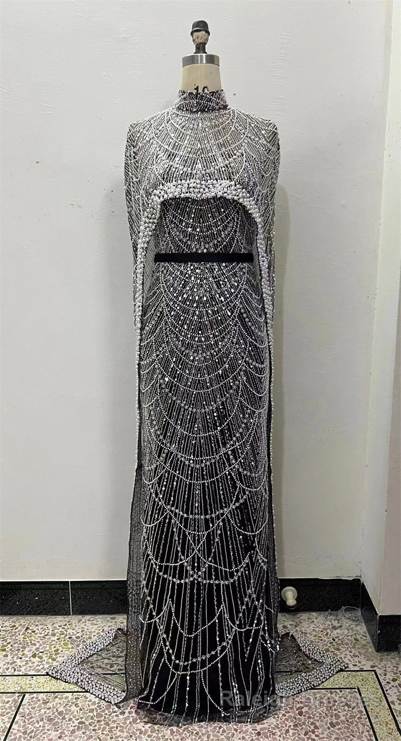 Luxury Pearls Beading Prom Dresses Sweep Train High Neck Zipper Sleeveless Evening Dresses Main image